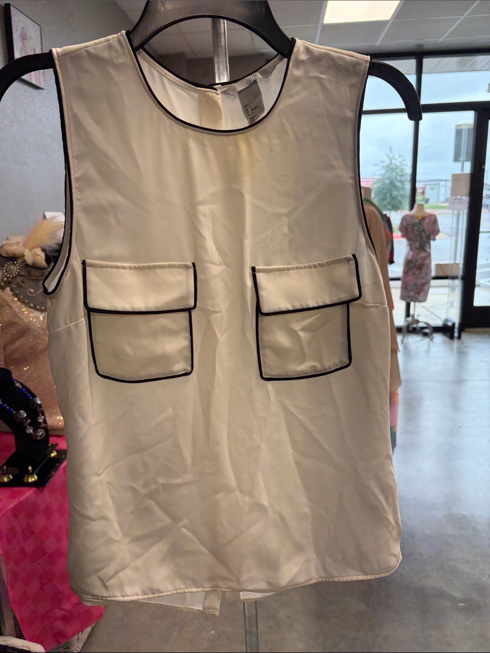 H&M White Sleeveless Satin Shell with Black Piping